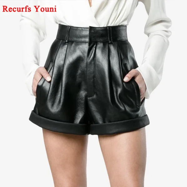 short en cuir noir femme taille haute