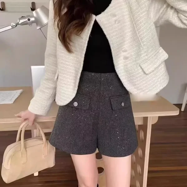 short hiver femme tweed paillette