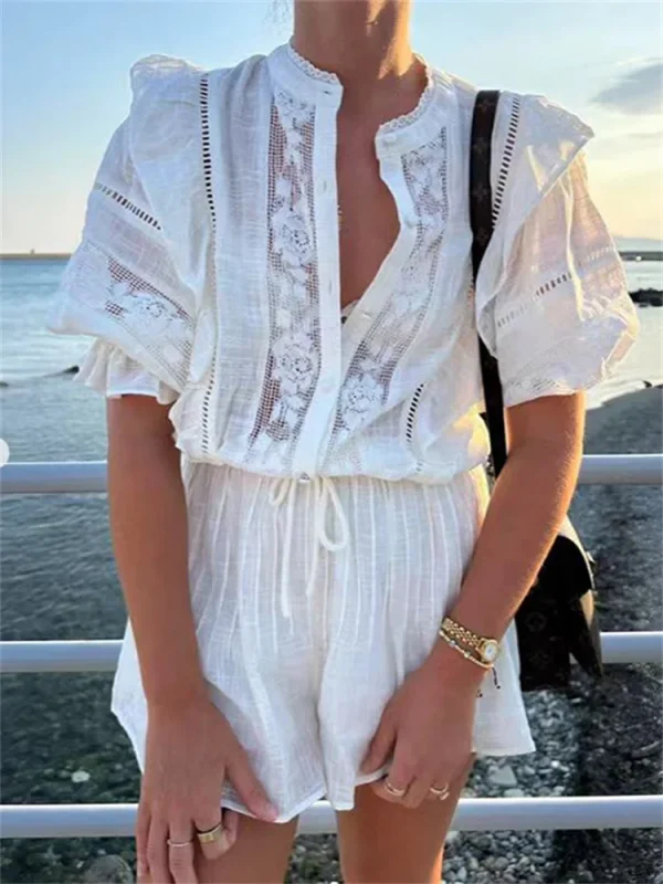 combinaison short femme blanc manches courtes