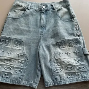 short en jean large femme géométrie 3d