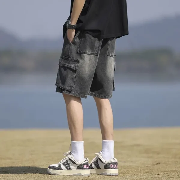 short en jean large homme gris