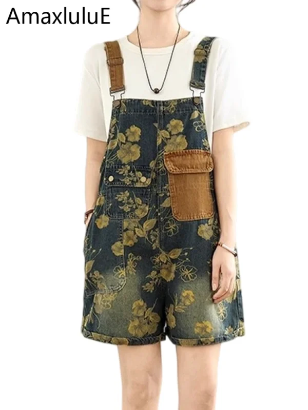 salopette short en jean femme imprimée