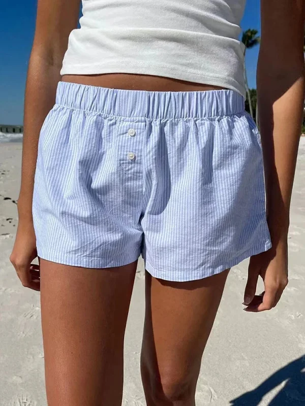 short rayé bleu et blanc femme avec bouton